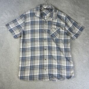Travis Mathews Shirt Mens XXL Blue Gray Check Button Up Short Sleeve Golf Casual
